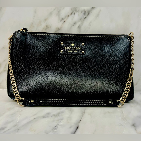 KATE SPADE’S WELLESLEY BYRD BLACK LEATHER GOLD CHAINLINK SHOULDER BAG •LIKE NEW• - Picture 1 of 6